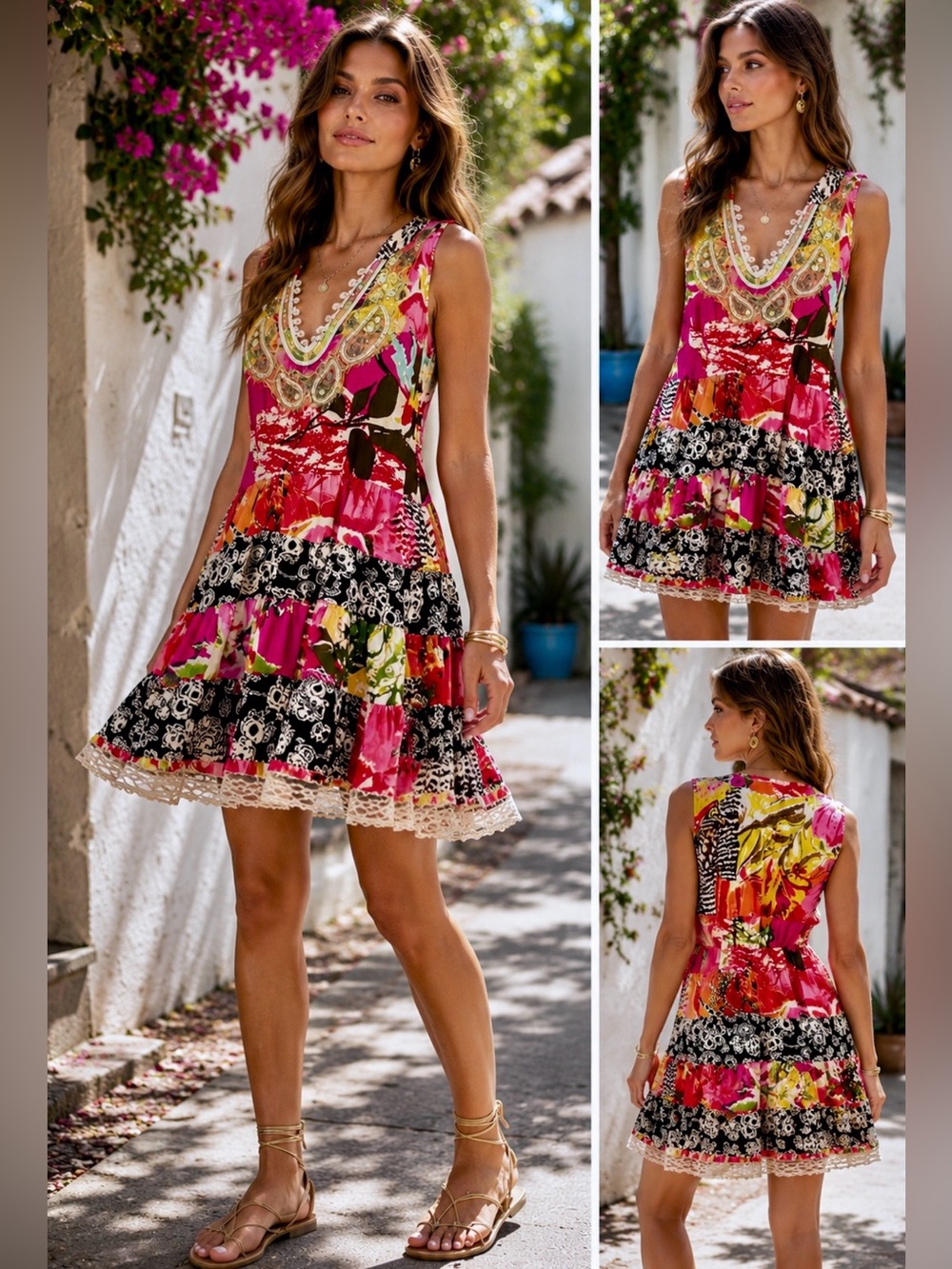 FREE PEOPLE Patchwork  Dress Embellished Neck Back Cinch Boho Y2K Floral Sz M💛